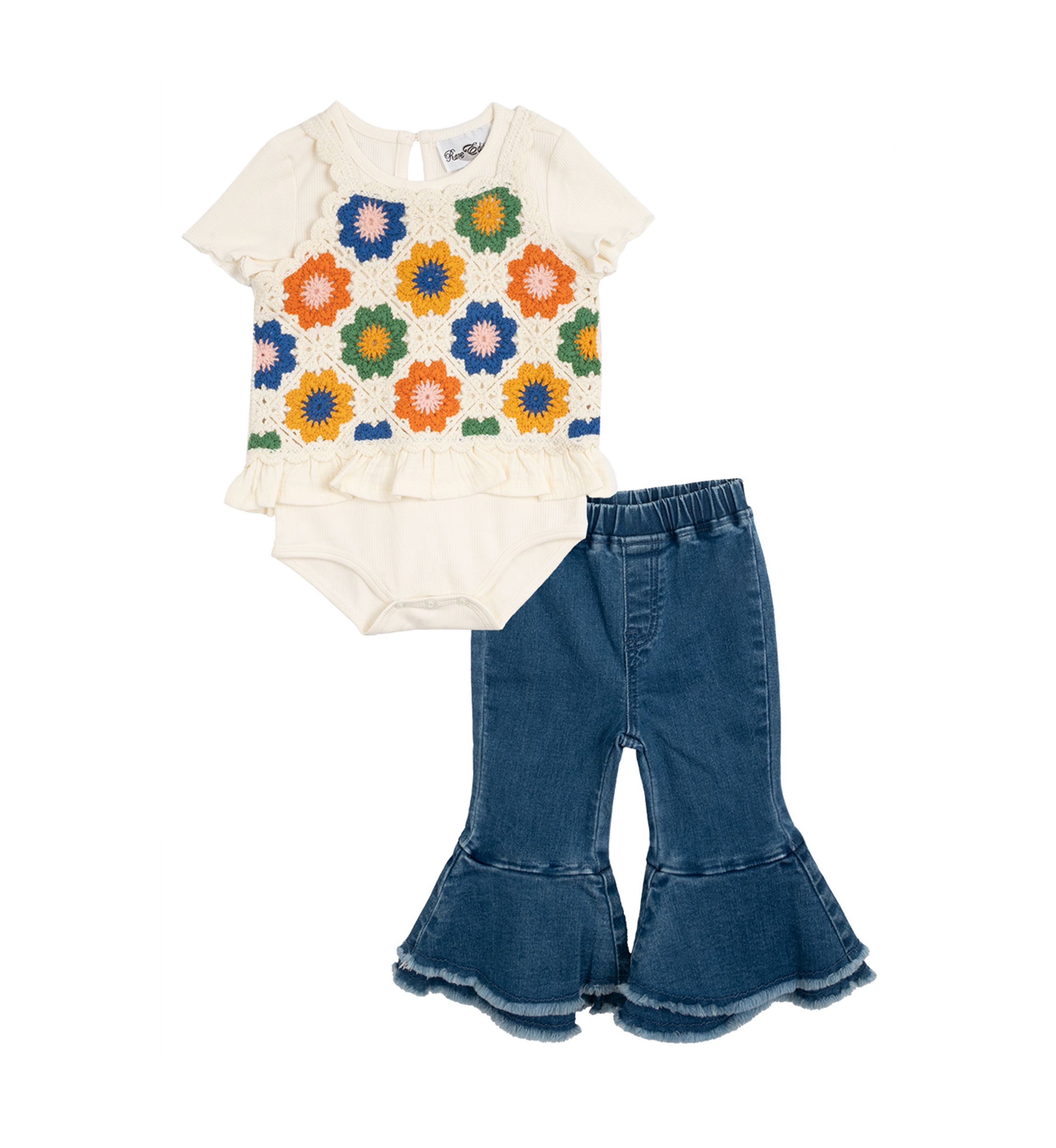 Toddler Girls Crochet Knit Bodysuit and Flared Pants Set