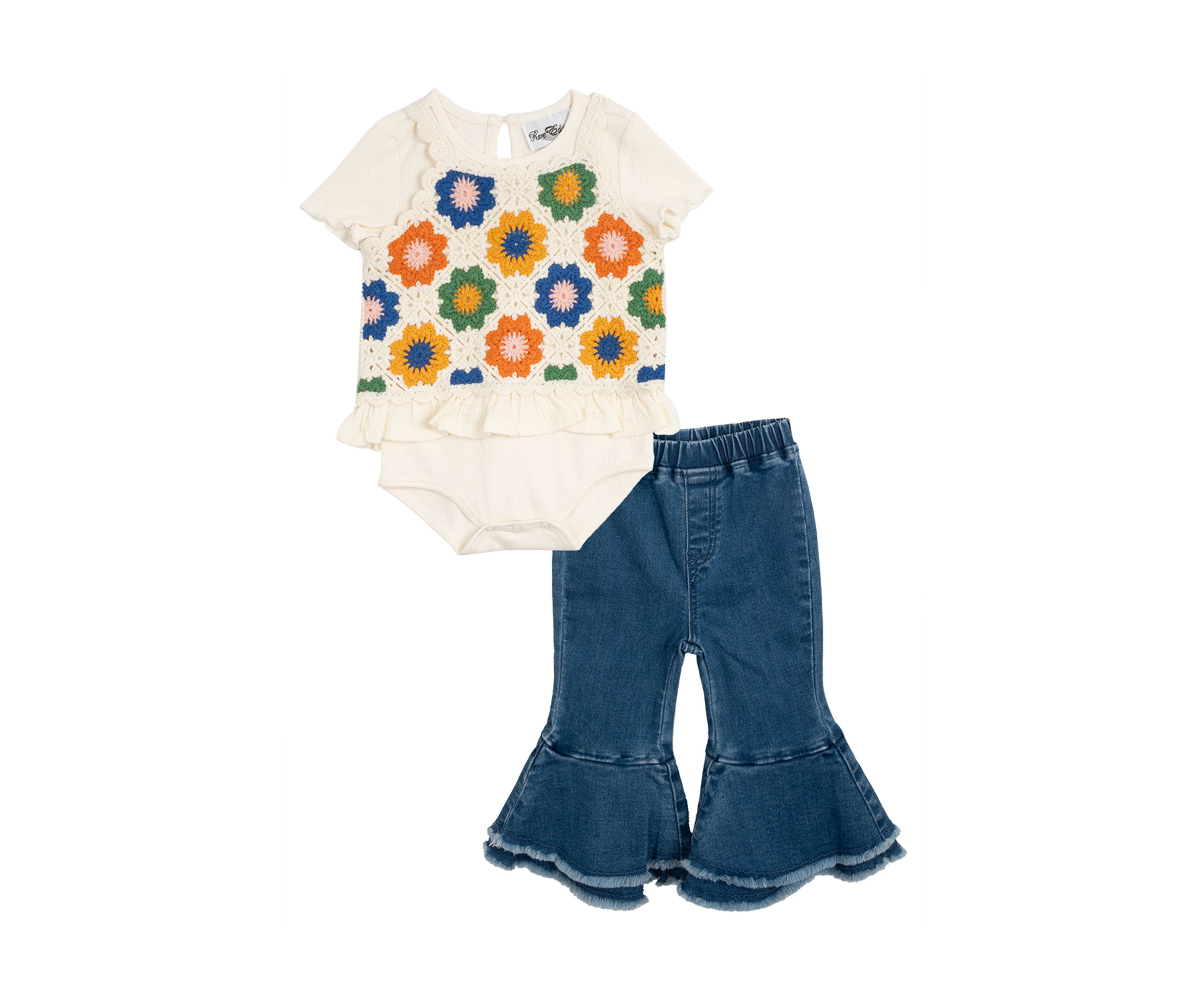 Toddler Girls Crochet Knit Bodysuit and Flared Pants Set