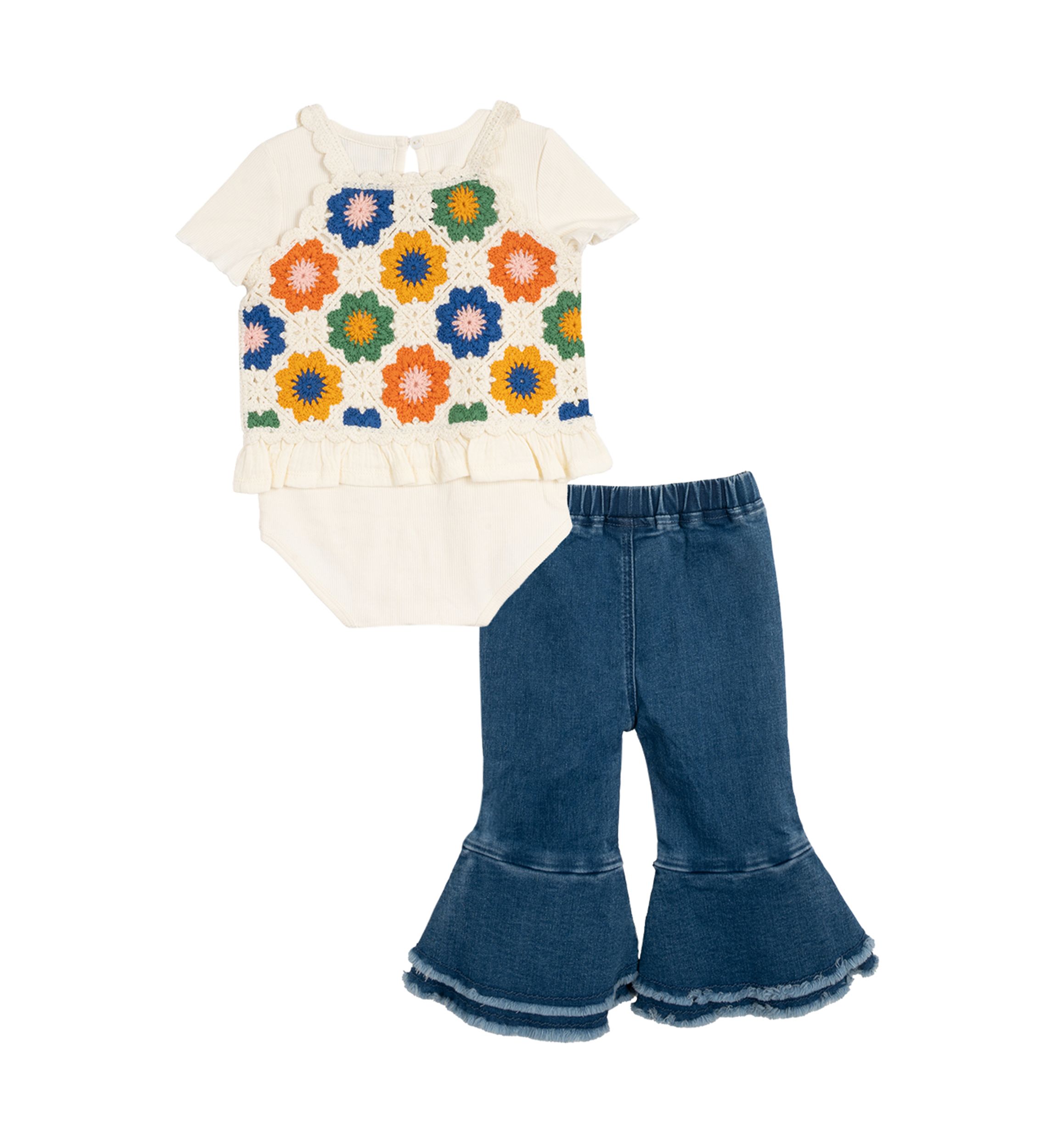 Toddler Girls Crochet Knit Bodysuit and Flared Pants Set