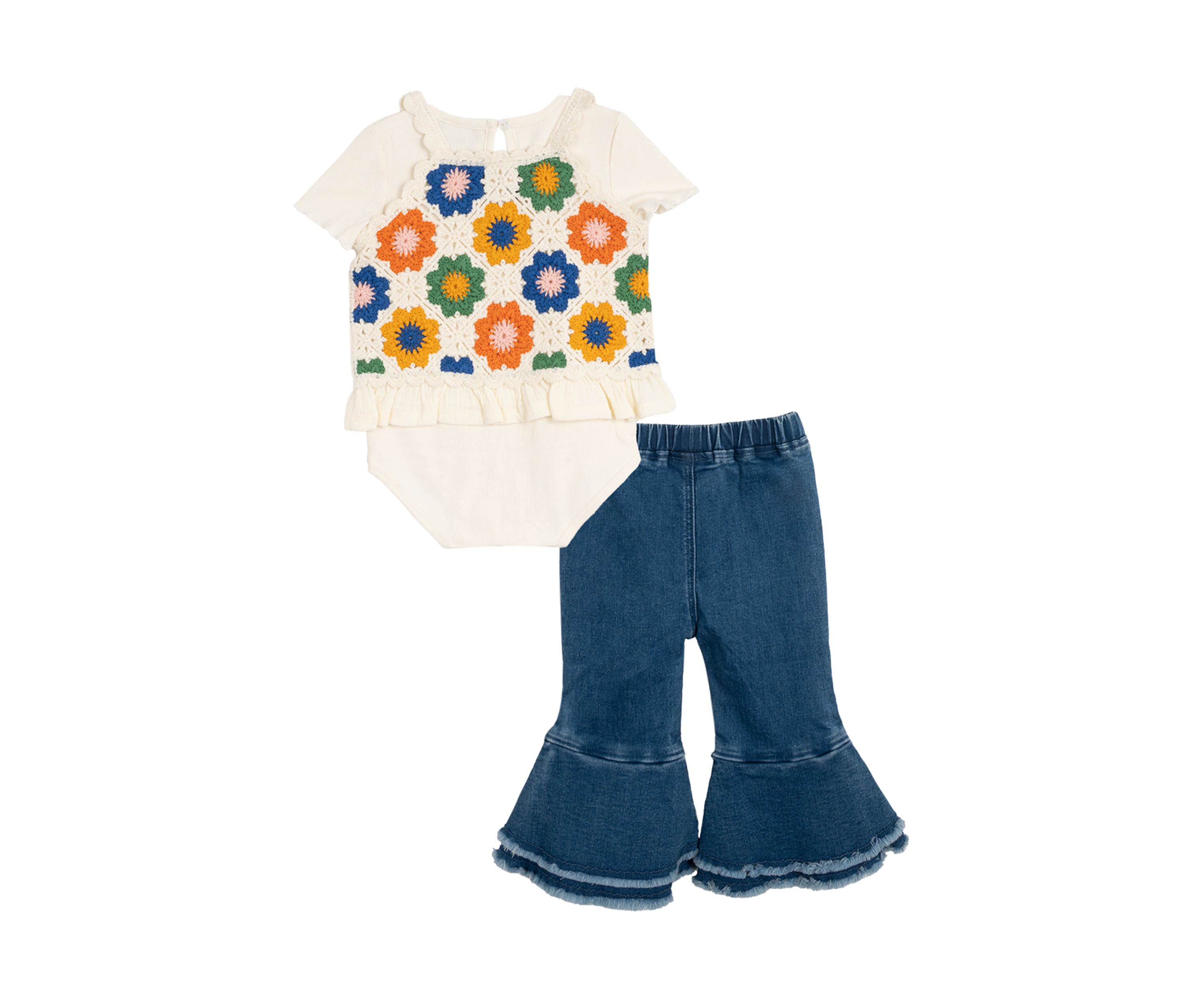 Toddler Girls Crochet Knit Bodysuit and Flared Pants Set