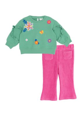 Rare Editions Baby Girls Floral Embroidered Sweatshirt and Pants Set, Green