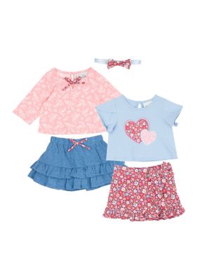 Rare Editions Baby Girls Floral Heart Shirt and Skirt Set, Blue, 6 - 9 Months