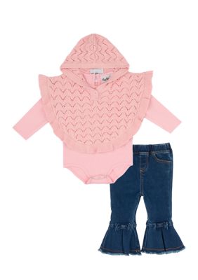 Rare Editions Baby Girls Bodysuit and Jeans Set with Poncho, Pink, 24 Months