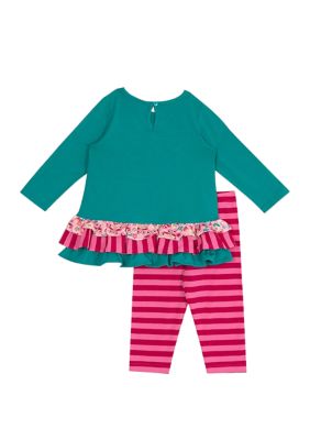 Rare Editions Little Girls 2T-4T Solid Long-Sleeve Unicorn-Face-Applique  Tunic Top & Floral-Printed Leggings Set