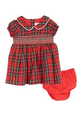 Rare Editions Baby Girls Short Sleeve Plaid Smocked Dress and Bloomer Set, Red, 18 Months
