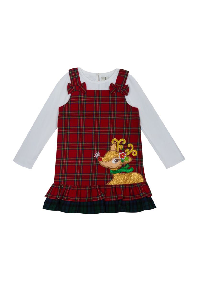 Rare Editions Toddler Girls Twill Plaid Shoulder Bow Jumper Dress with  Reindeer Appliqué
