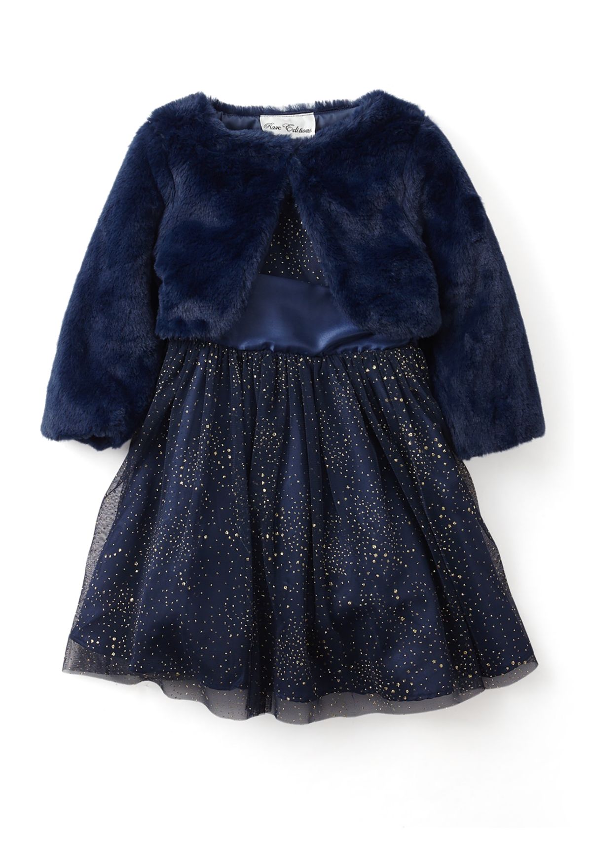 Toddler Girls Foil Mesh Dress with Fur Coat 
