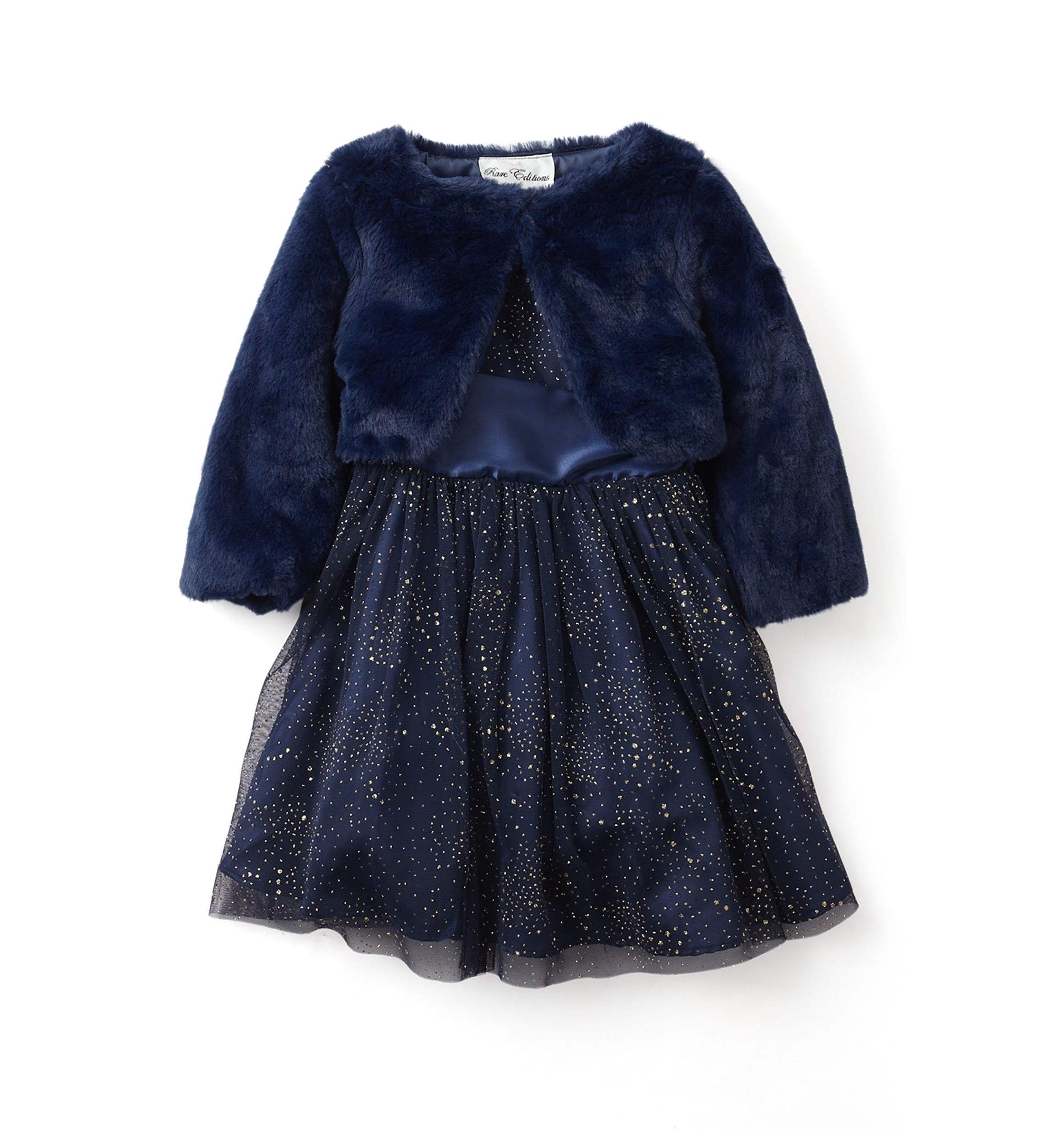 Toddler Girls Foil Mesh Dress with Fur Coat 
