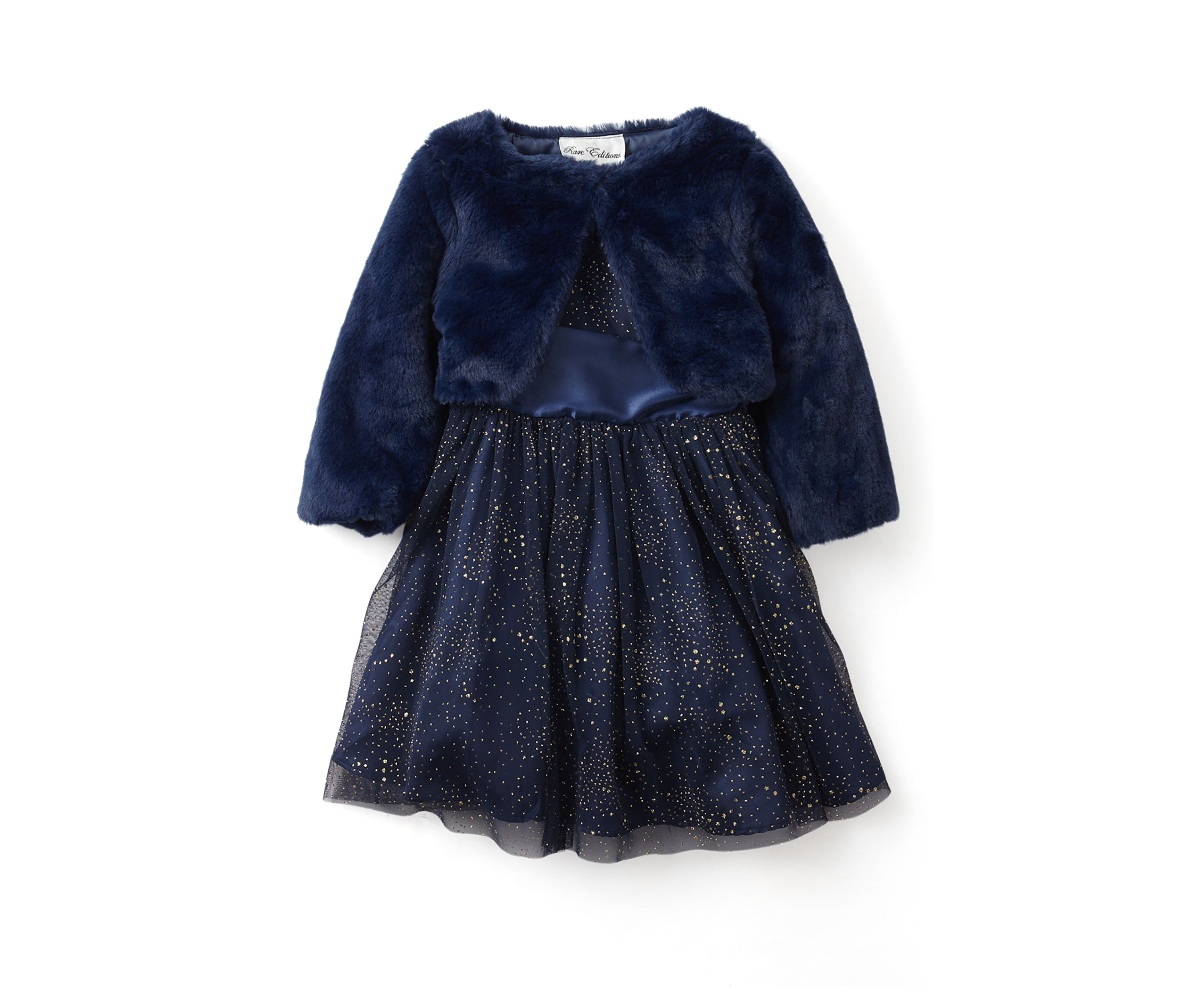 Toddler Girls Foil Mesh Dress with Fur Coat 