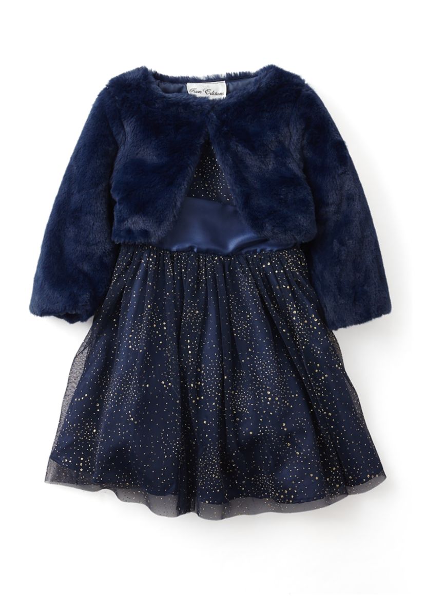 Toddler Girls Foil Mesh Dress with Fur Coat 