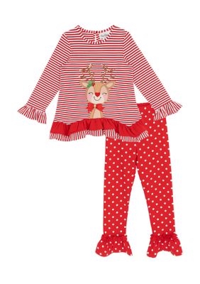 Rare Editions Toddler Girls Reindeer Striped Set, Red, 2T