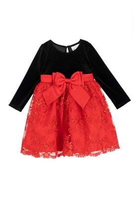 Rare Editions Toddler Girls Long Sleeve Velvet Bodice Dress with Bow, Red, 4T