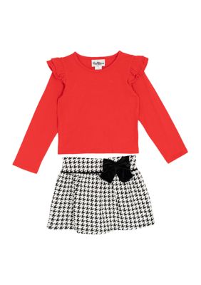 Rare Editions Toddler Girls Solid Knit Top with Houndstooth Skirt Set, Red, 4T