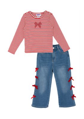 Rare Editions Kids Toddler 2-Piece Holly Denim Set, Red, 4T