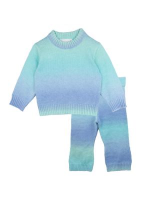 Rare Editions Baby Girls Double Knit Sweater and Pants Set, Blue, 3 - 6 Months
