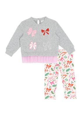 Rare Editions Baby Girls Long Sleeve Bow Set, Gray, 18 Months