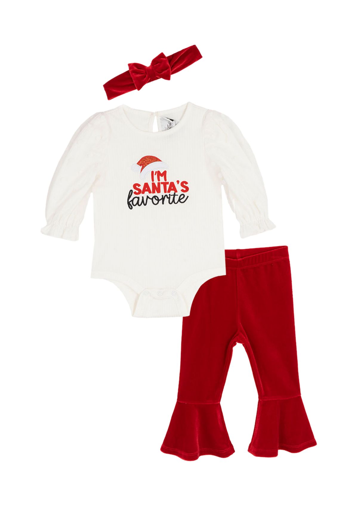 Baby Girls Rib Knit Santas Favorite Bodysuit, Bell Bottom Legging and Headband Set