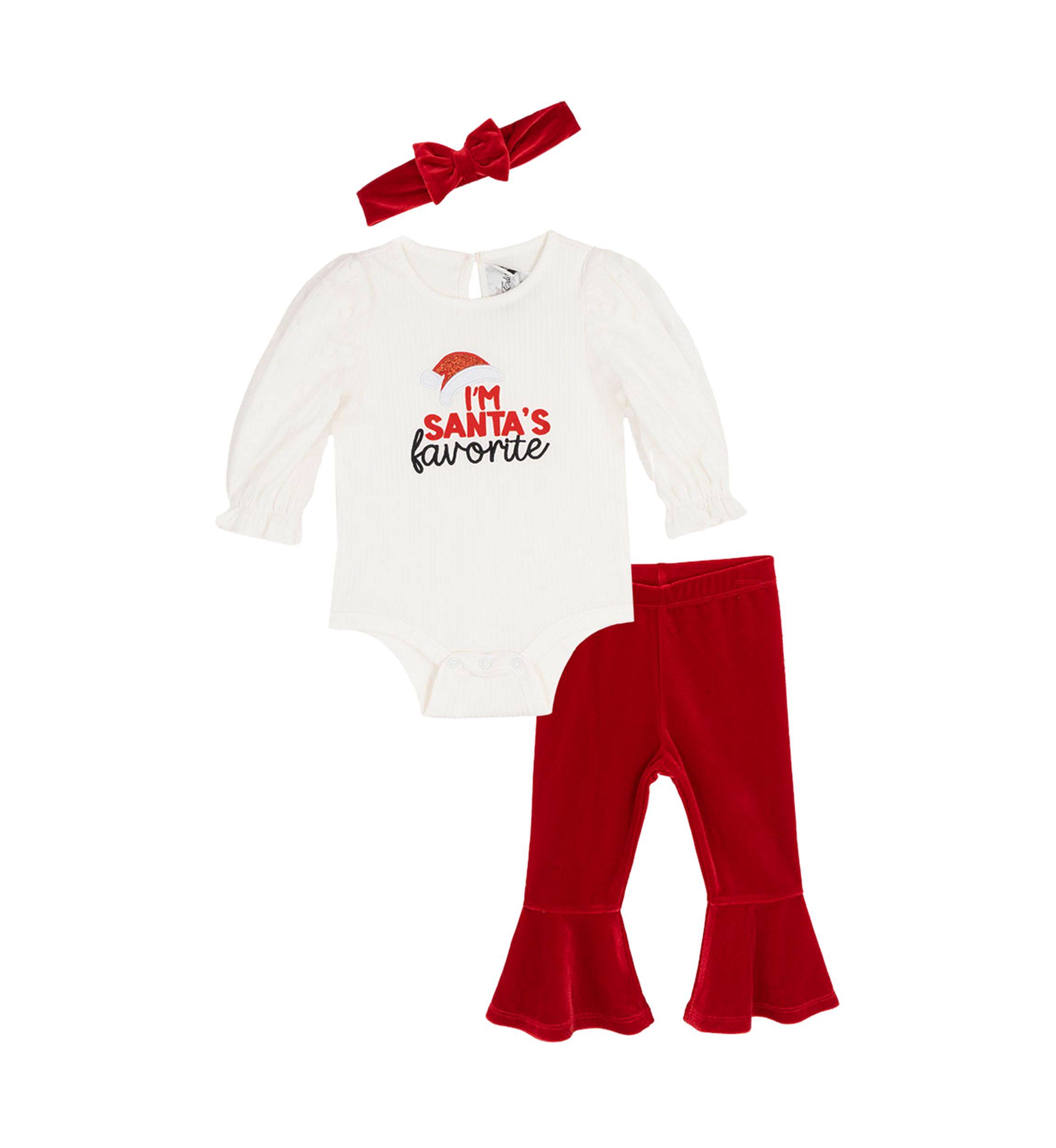 Baby Girls Rib Knit Santas Favorite Bodysuit, Bell Bottom Legging and Headband Set