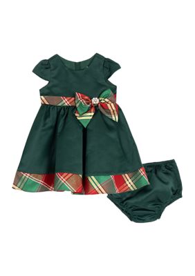 Rare Editions Baby Girls Solid Dress with Plaid Trim and Matching Bloomer