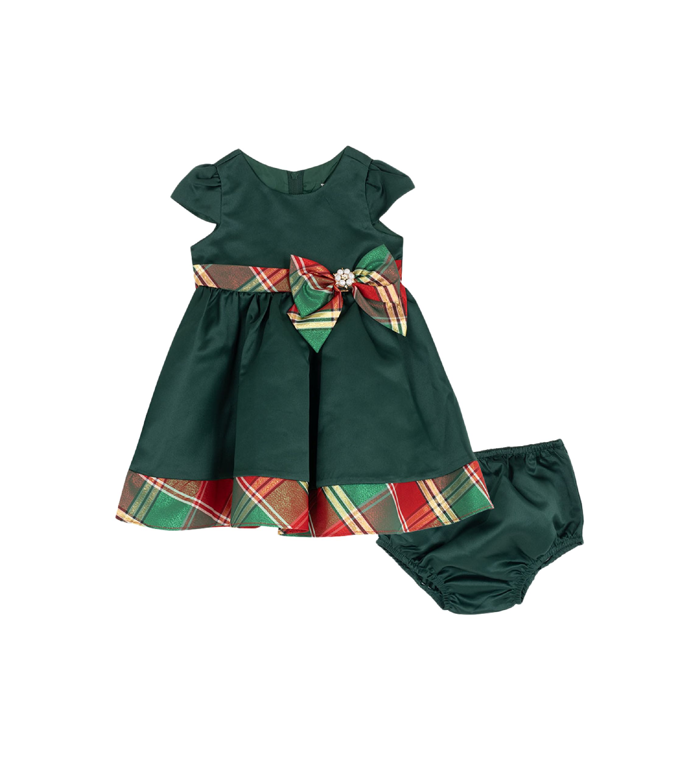 Baby Girls Solid Dress with Plaid Trim and Matching Bloomer
