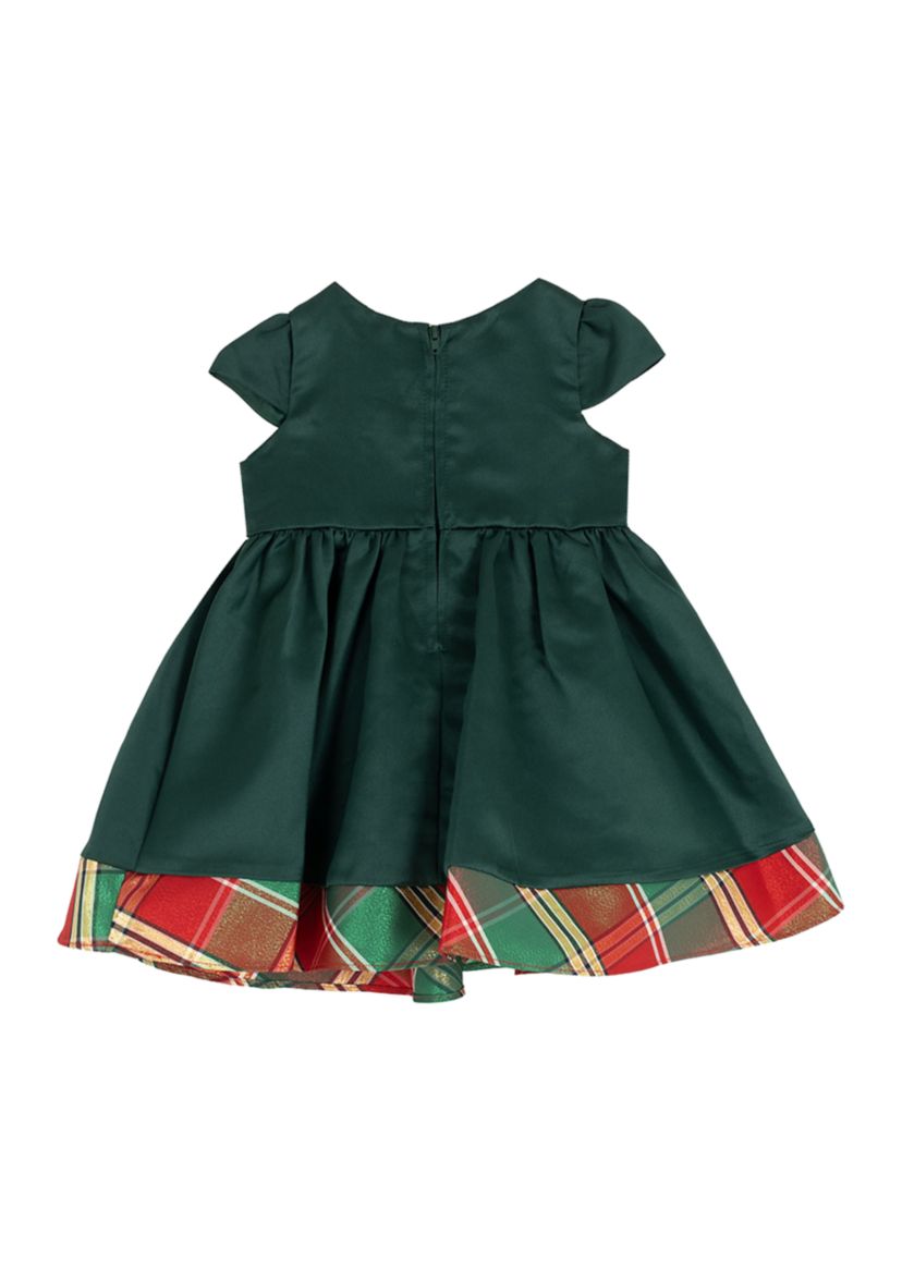 Baby Girls Solid Dress with Plaid Trim and Matching Bloomer