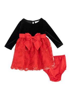 Rare Editions Baby Girls Long Sleeve Velvet Bodice Dress, Red