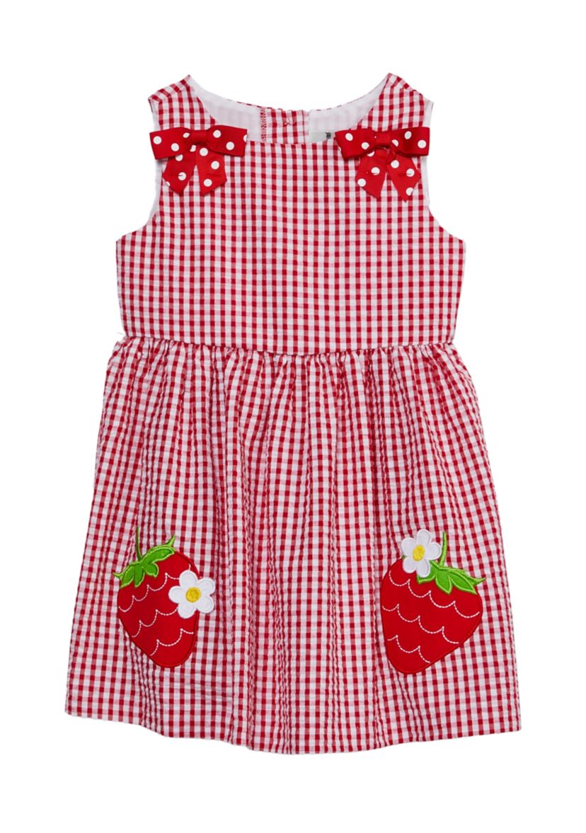 Toddler Girls Seersucker Check Strawberry Dress 