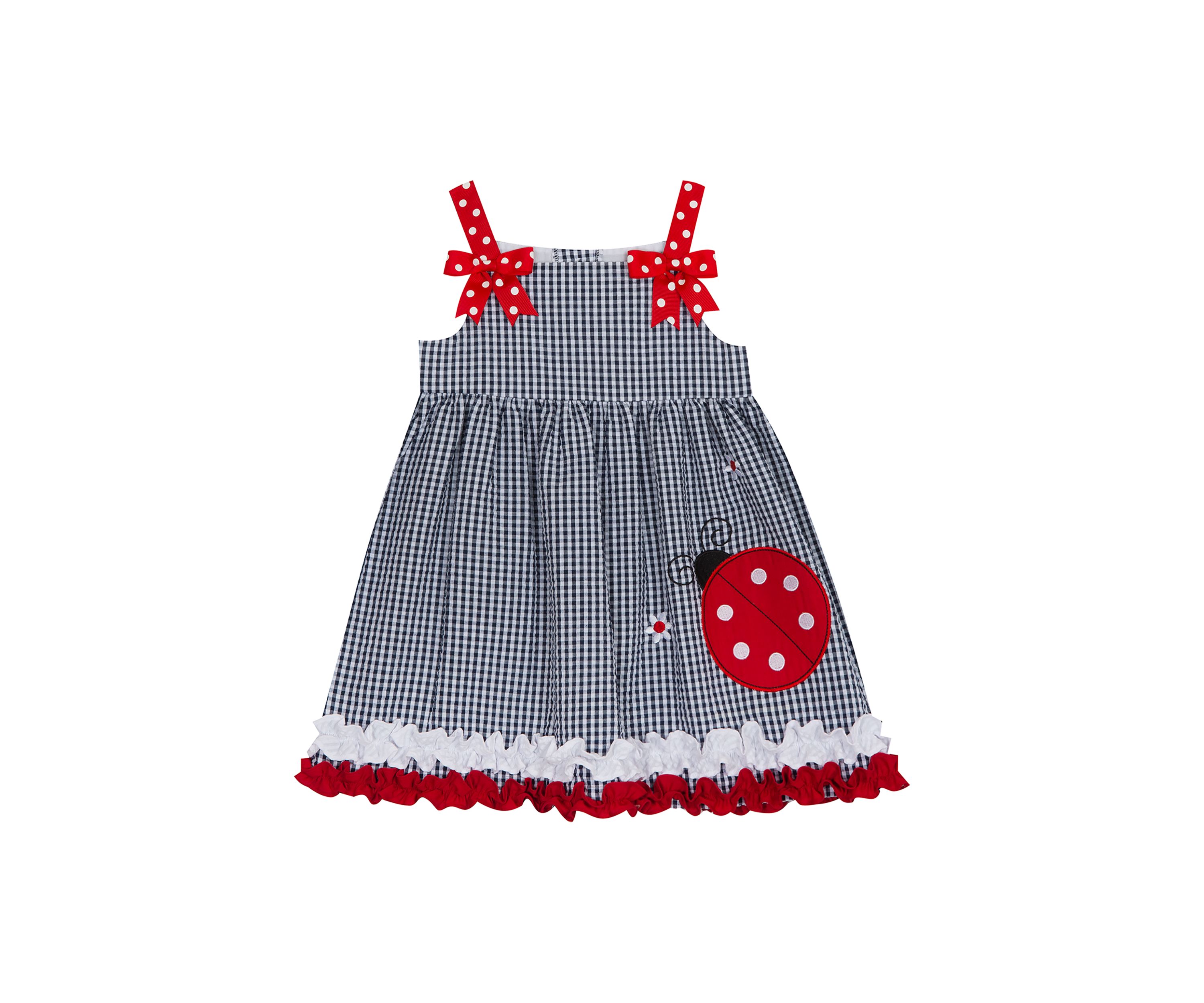 Toddler Girls Check Seersucker Ladybug Appliqué Dress
