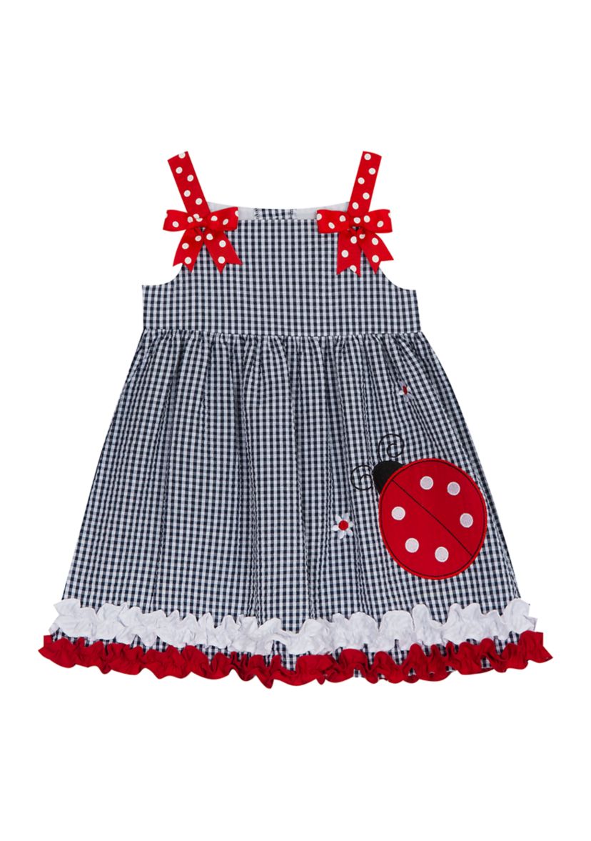 Toddler Girls Check Seersucker Ladybug Appliqué Dress