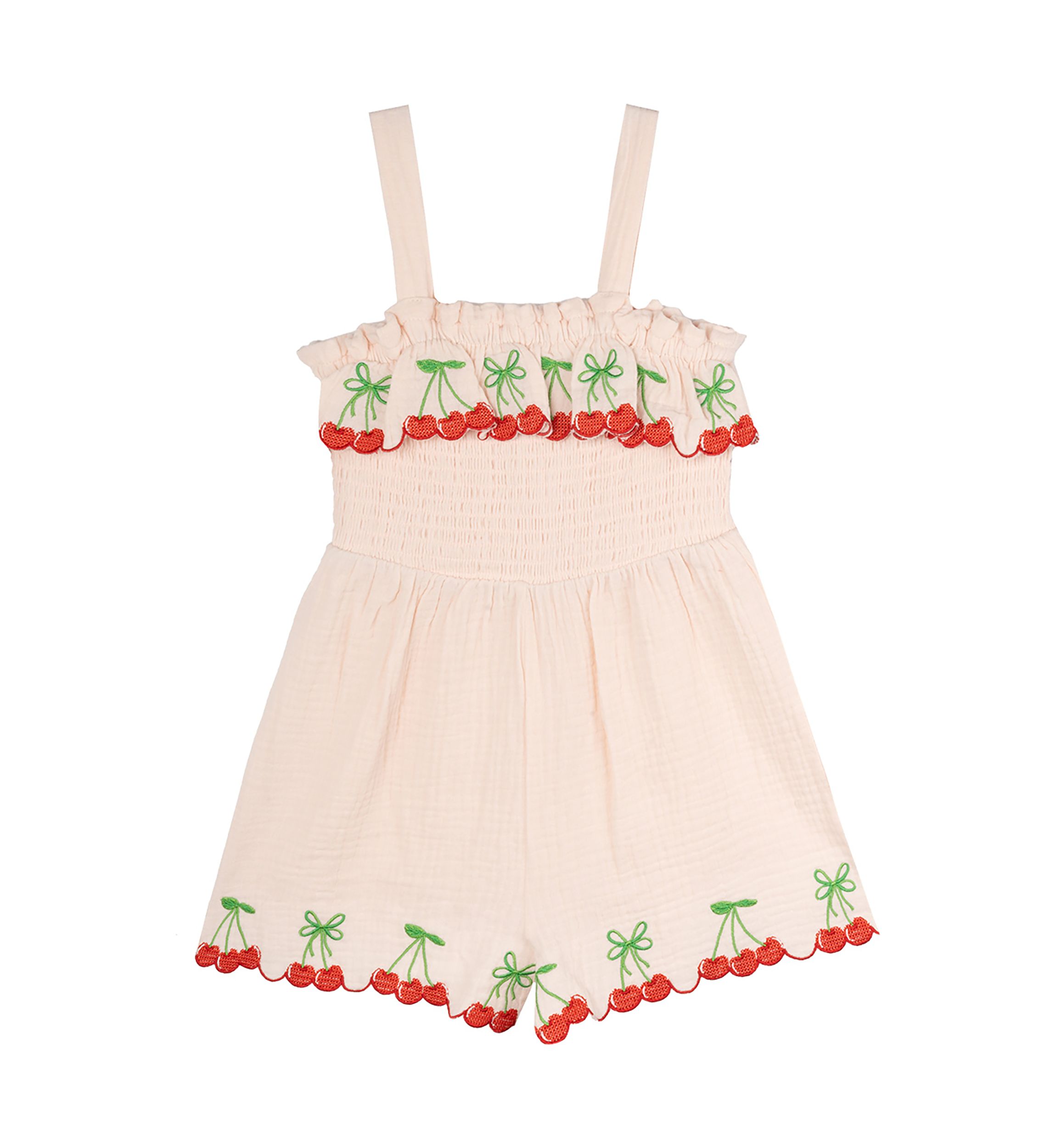 Pink Gauze Cherry Embroidered Smocked Dress