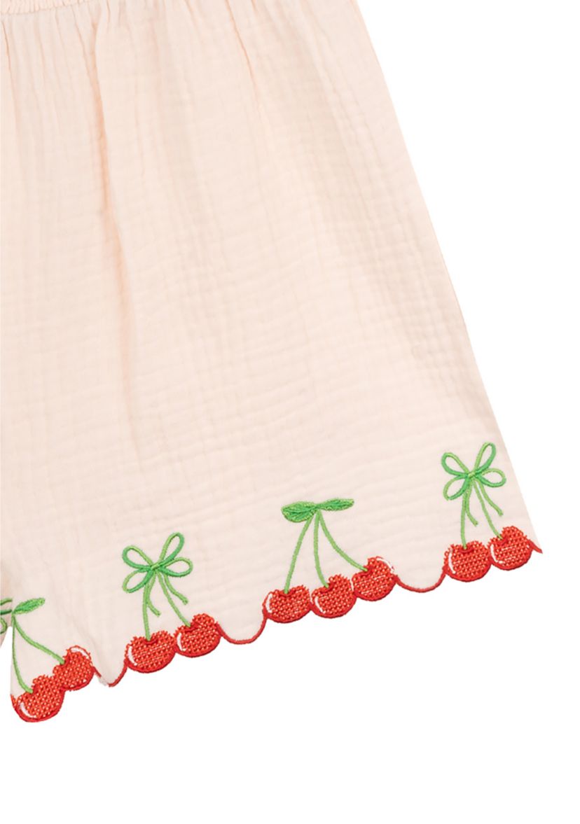 Pink Gauze Cherry Embroidered Smocked Dress
