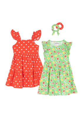 Rare Editions Toddler Girls Fruit Stamp and Polka Dot Print Dress Set, Red, 4T