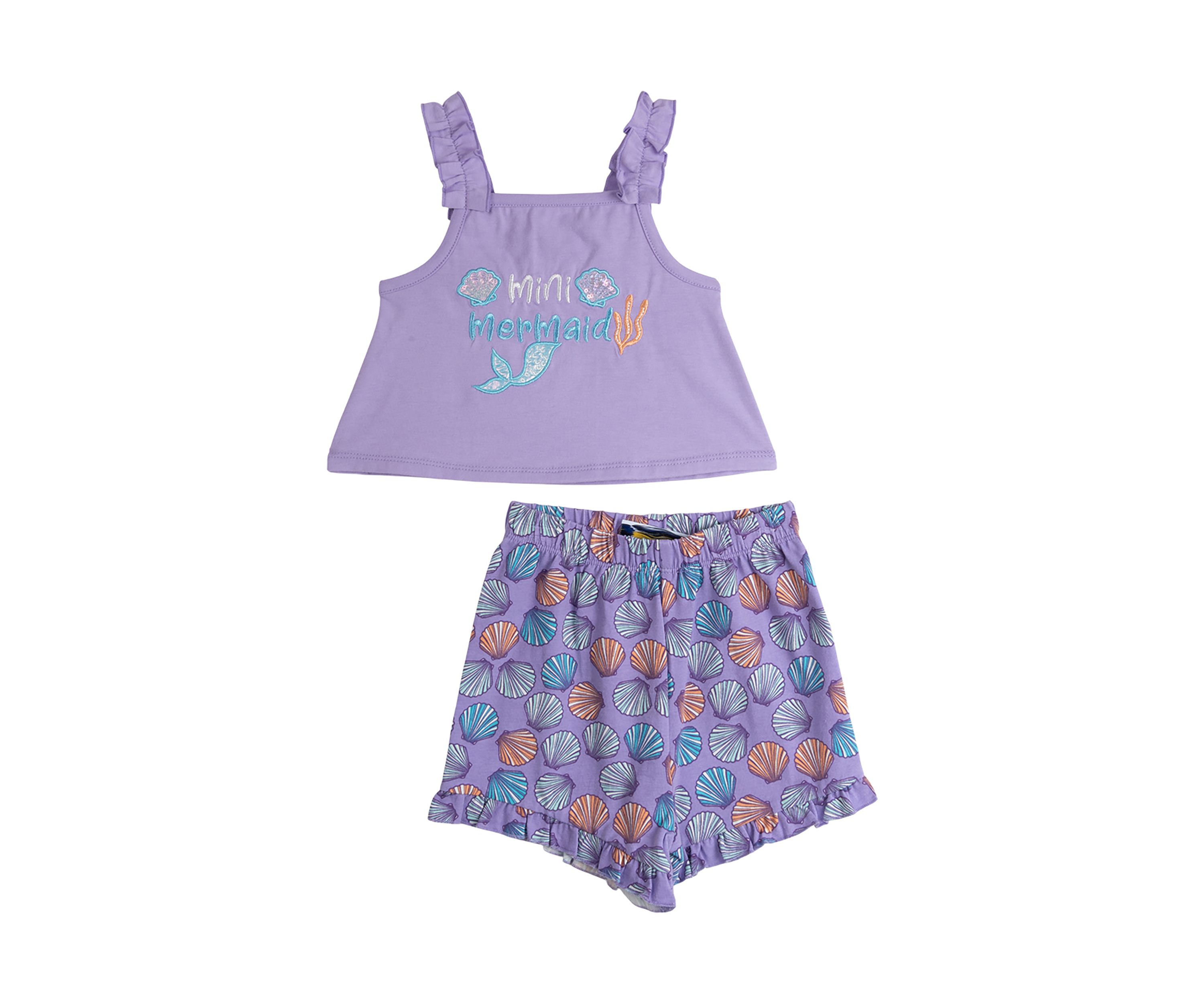 Baby Girls Mini Mermaid Appliqué Knit Top and Printed Shorts