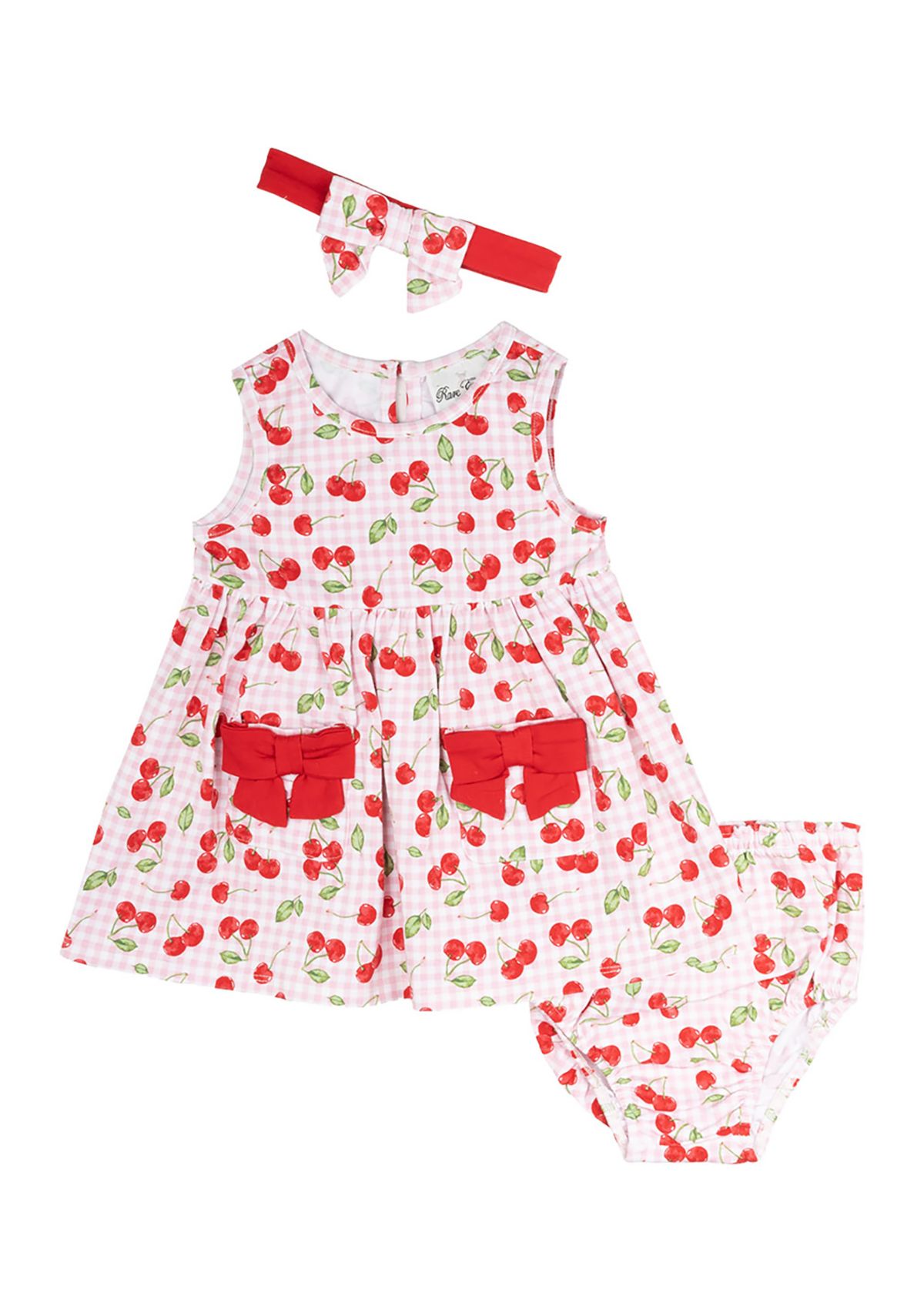 Baby Girls Cherry Gingham Printed Peplum Dress with Bloomer and Headband