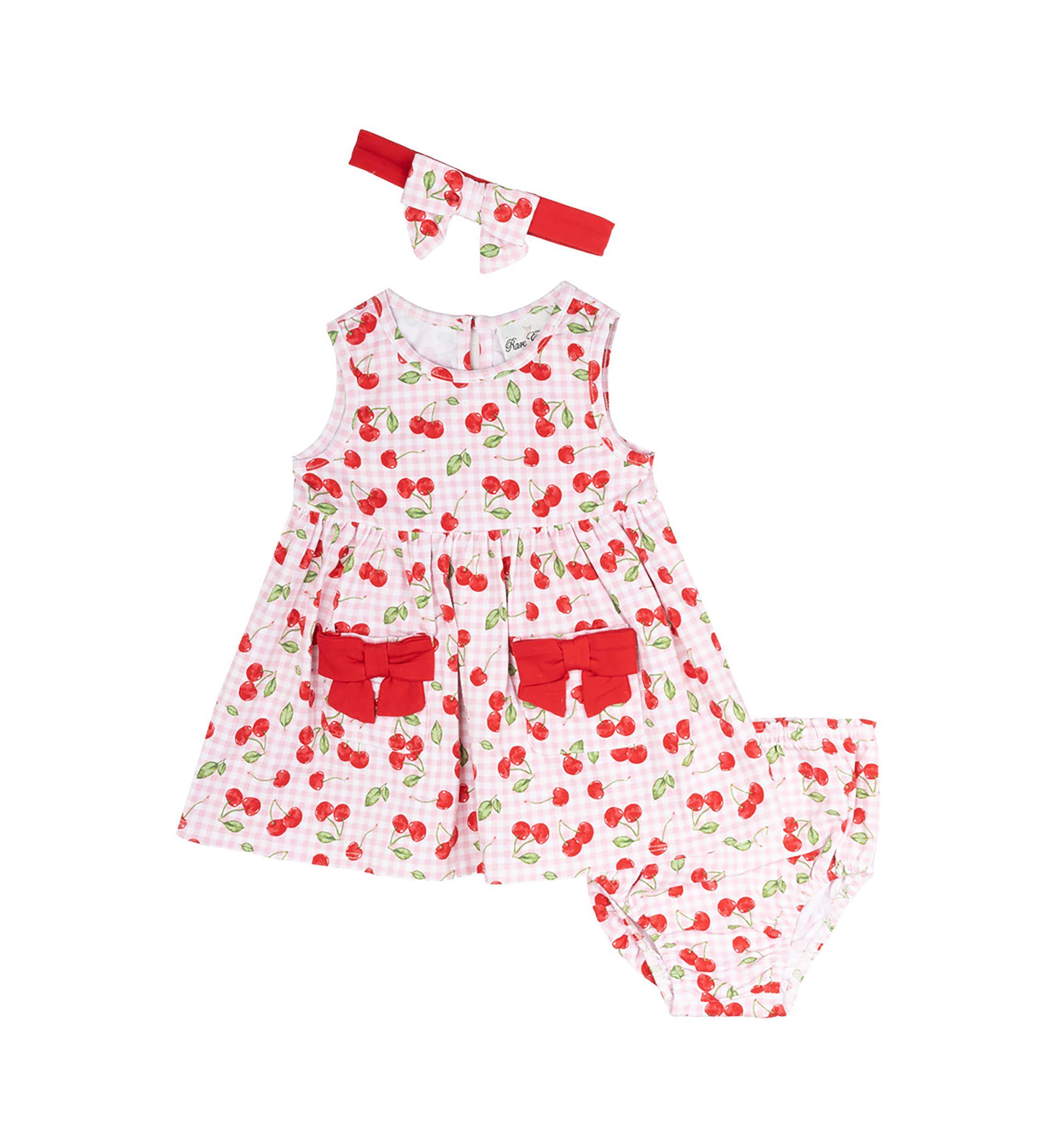 Baby Girls Cherry Gingham Printed Peplum Dress with Bloomer and Headband