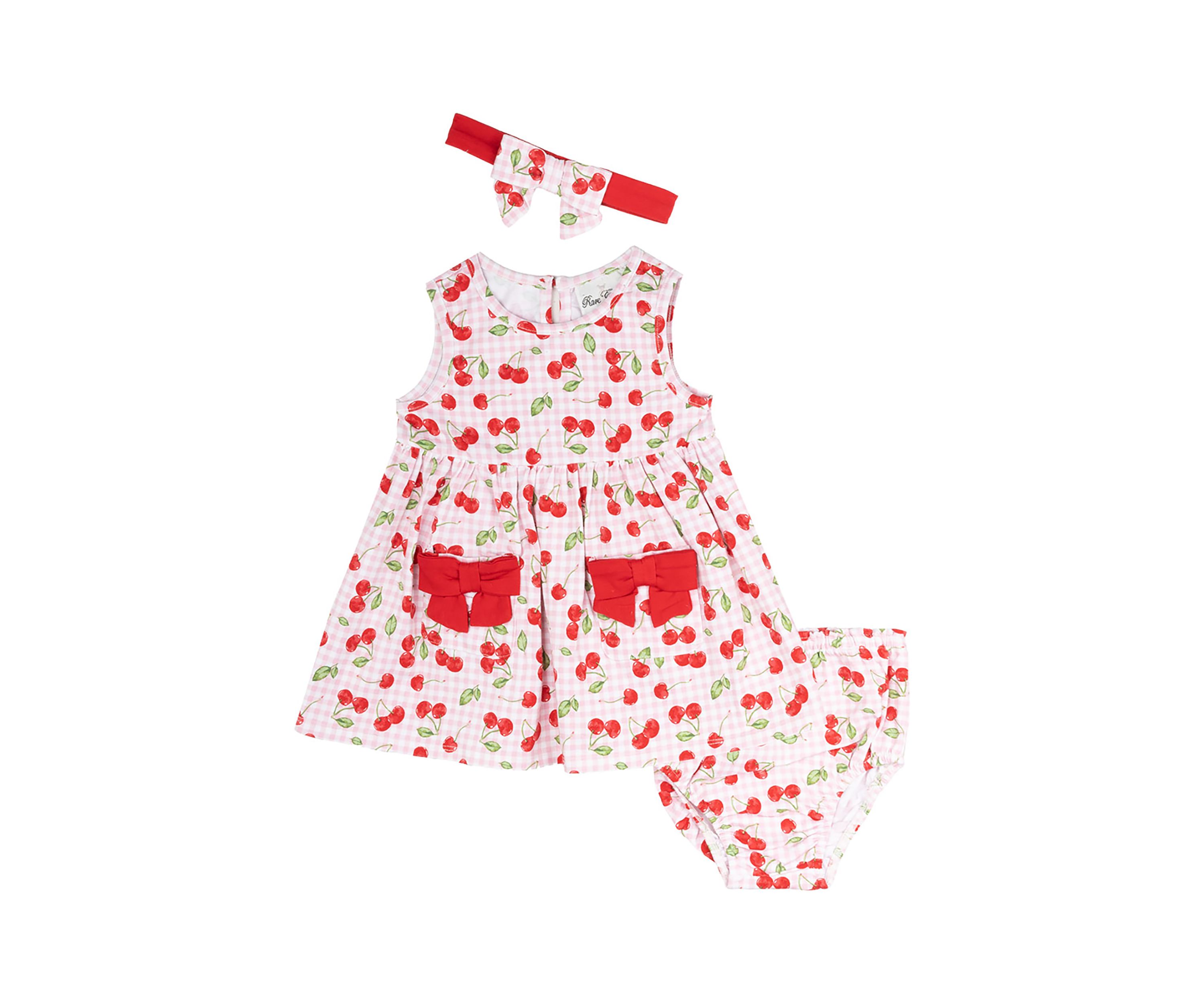 Baby Girls Cherry Gingham Printed Peplum Dress with Bloomer and Headband