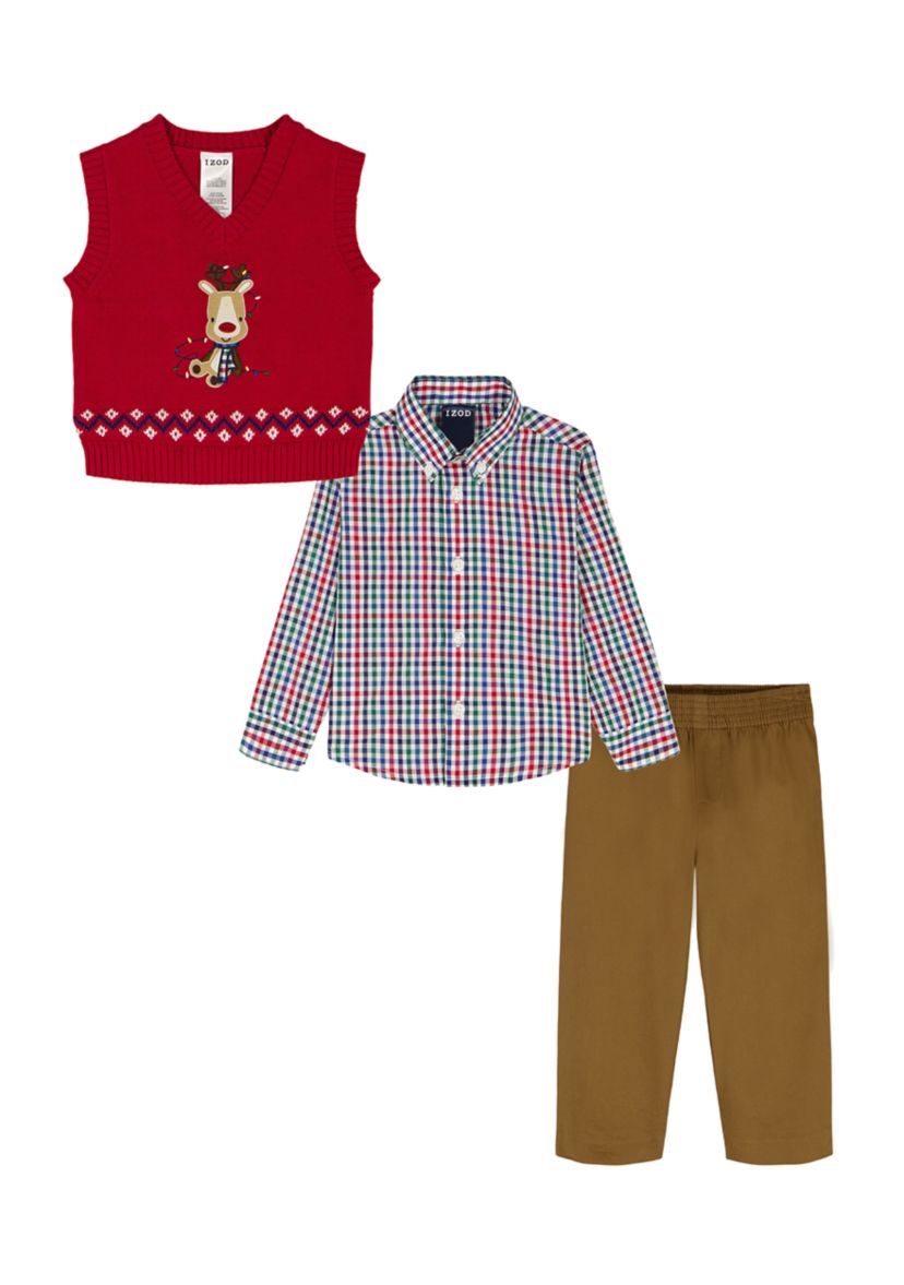 Baby Boys Holiday Reindeer with Twill Sweater Vest Set