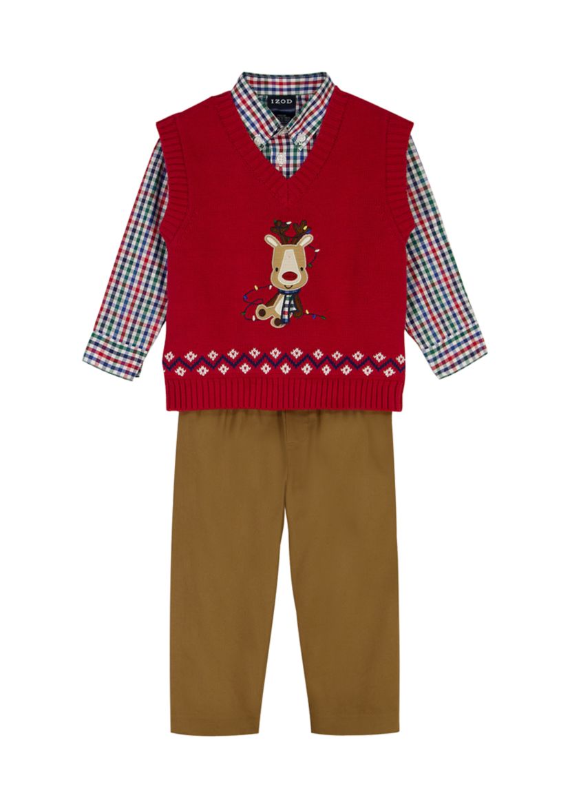 Baby Boys Holiday Reindeer with Twill Sweater Vest Set