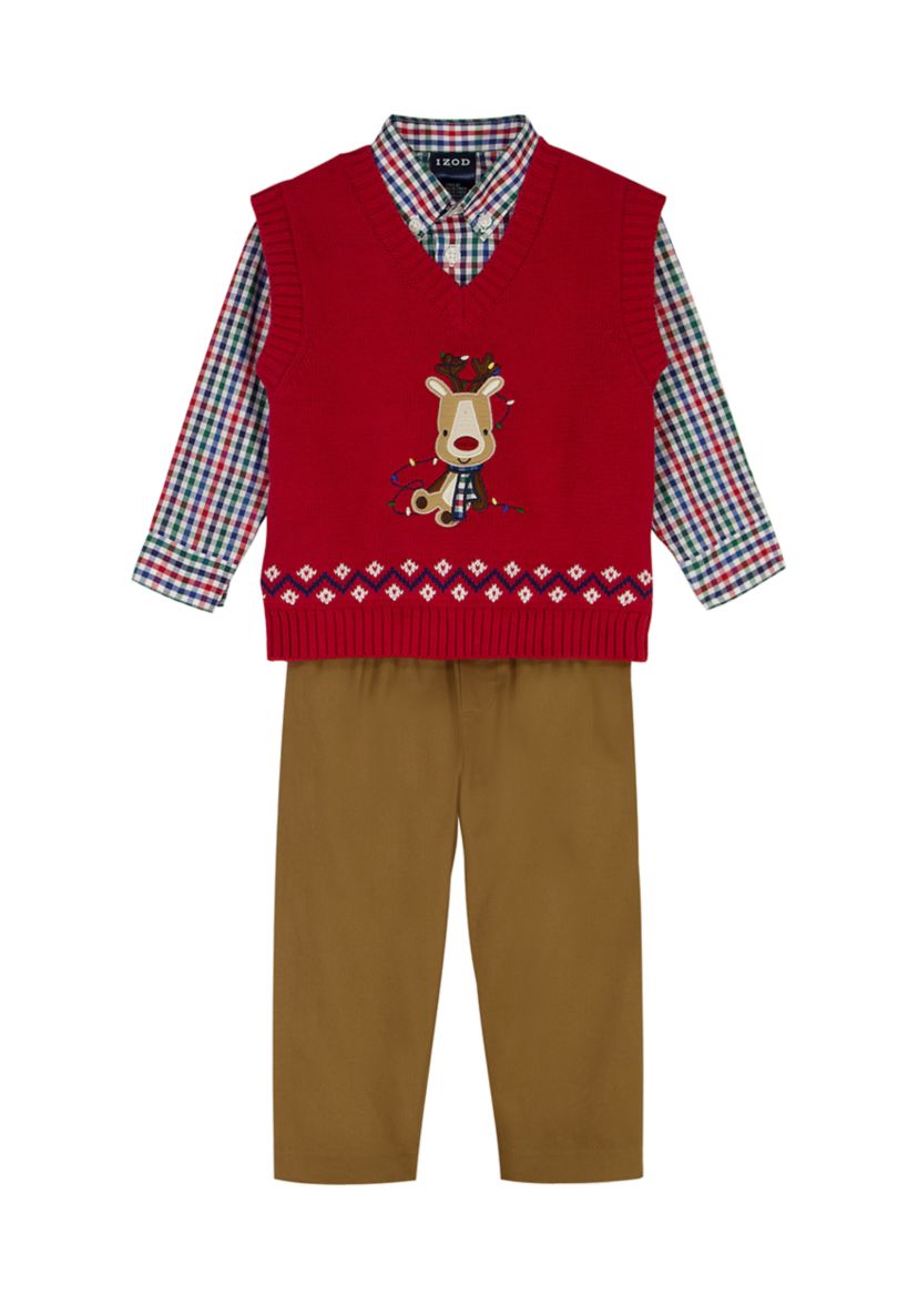 Toddler Boys Holiday Reindeer with Twill Sweater Vest Set