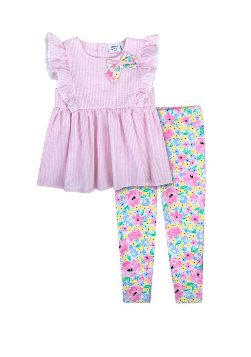 Toddler Girls 2 Piece Seersucker Stripe Tunic Printed Legging Set
