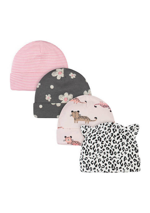 Gerber® Baby Girls 4 Pack Leopard Caps