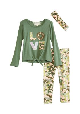 Toddler Girls Long Sleeve Shirt and Printed Leggings Set with Headband