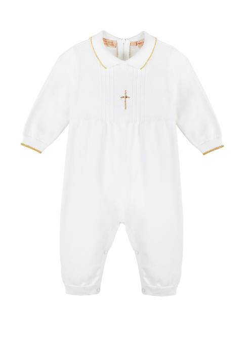 Carriage Boutique Baby Knitted Christening Romper with Gold