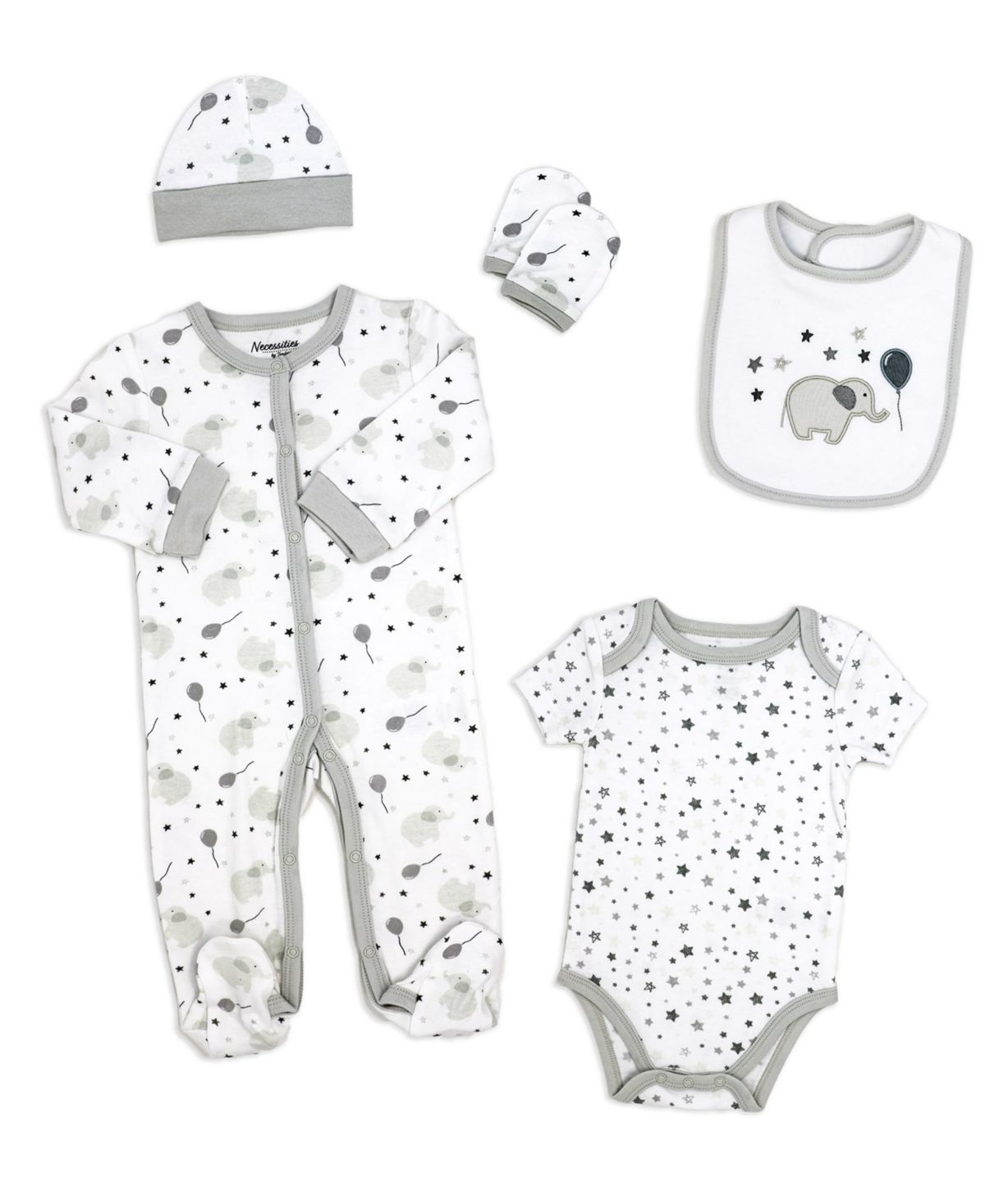 Baby Boys and Baby Girls Elephants and Balloons Layette, 5 Piece Set