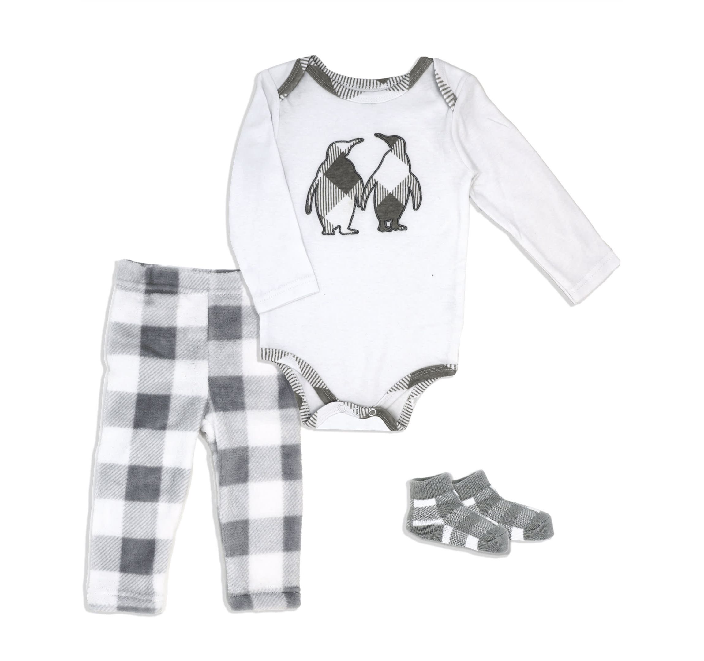 Baby Boys and Girls Gray Buffalo Plaid Plush 3 Piece Lounge Set