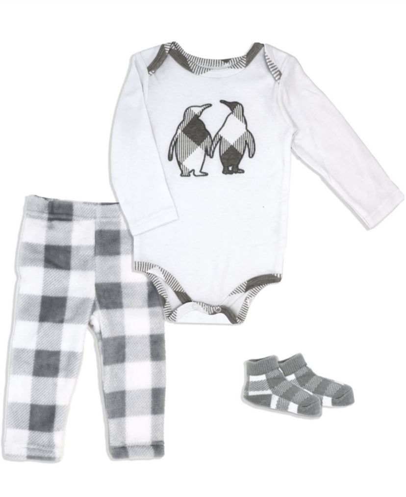 Baby Boys and Girls Gray Buffalo Plaid Plush 3 Piece Lounge Set