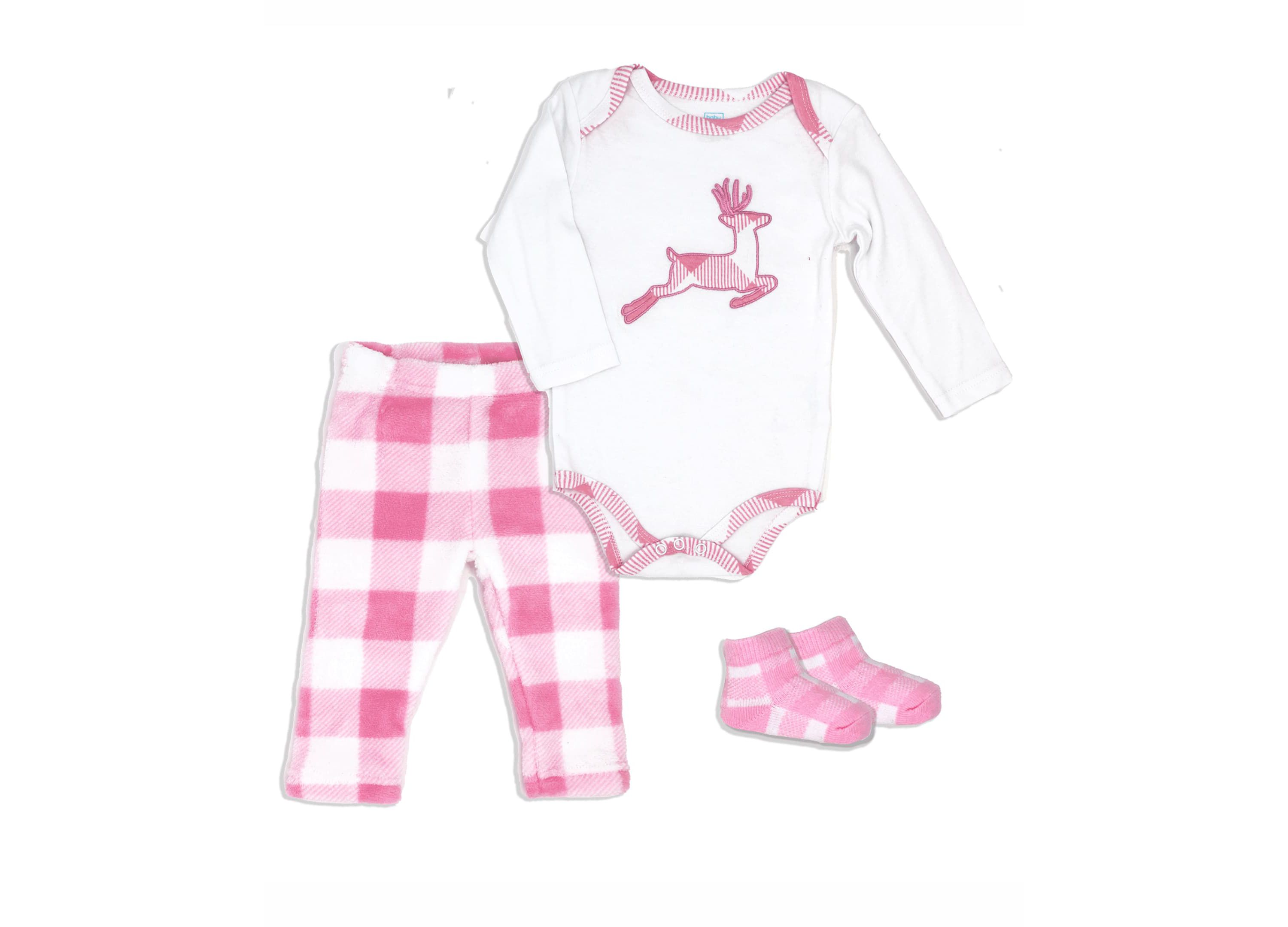 Baby Boys and Girls Pink Buffalo Plaid Plush 3 Piece Lounge Set