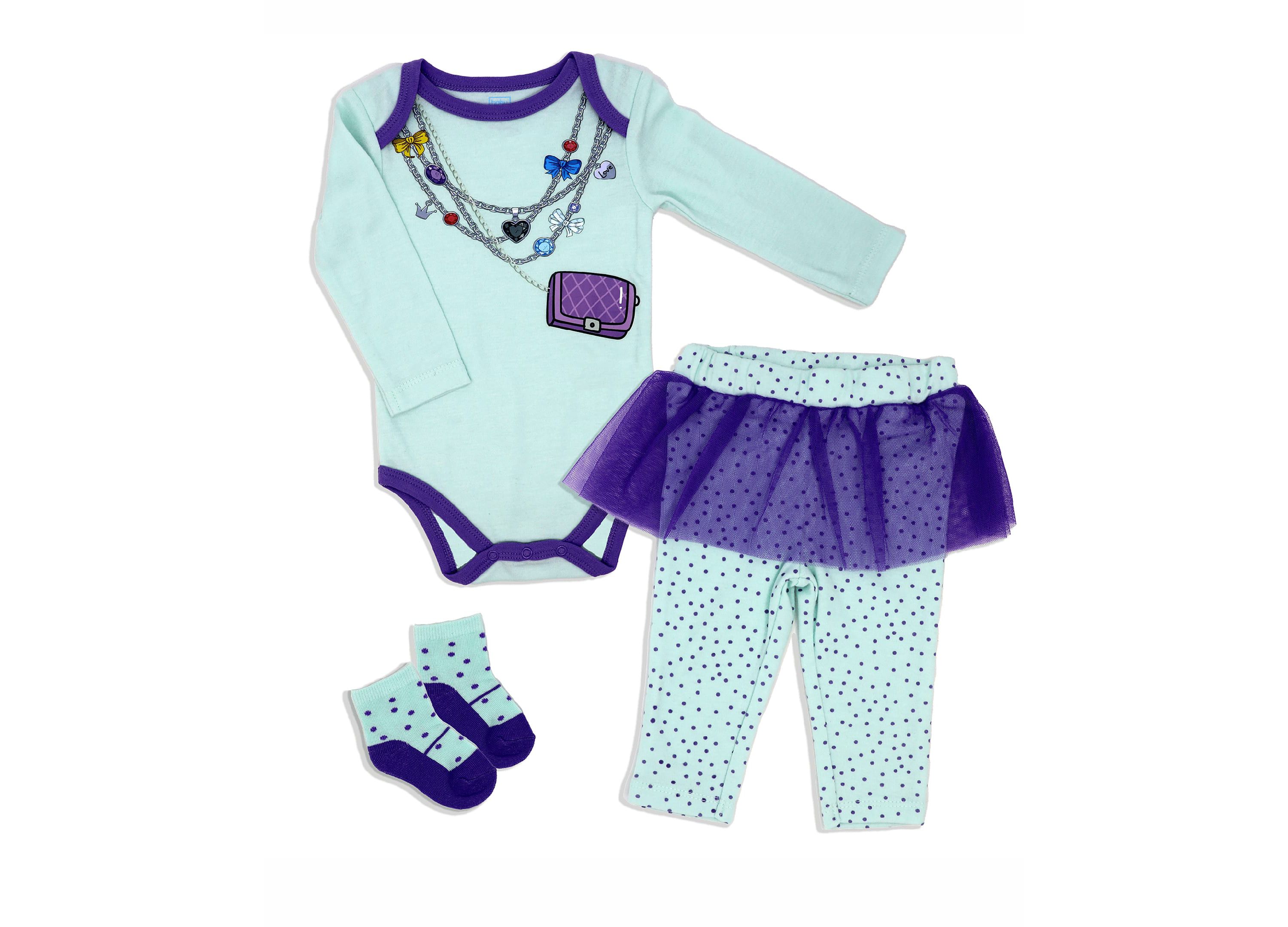 Baby Girls 3 Piece Fancy Jewels Bodysuit, Pants and Socks Set