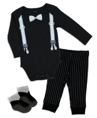 Baby Boys 3 Piece Suspender Bodysuit, Pants and Socks Set
