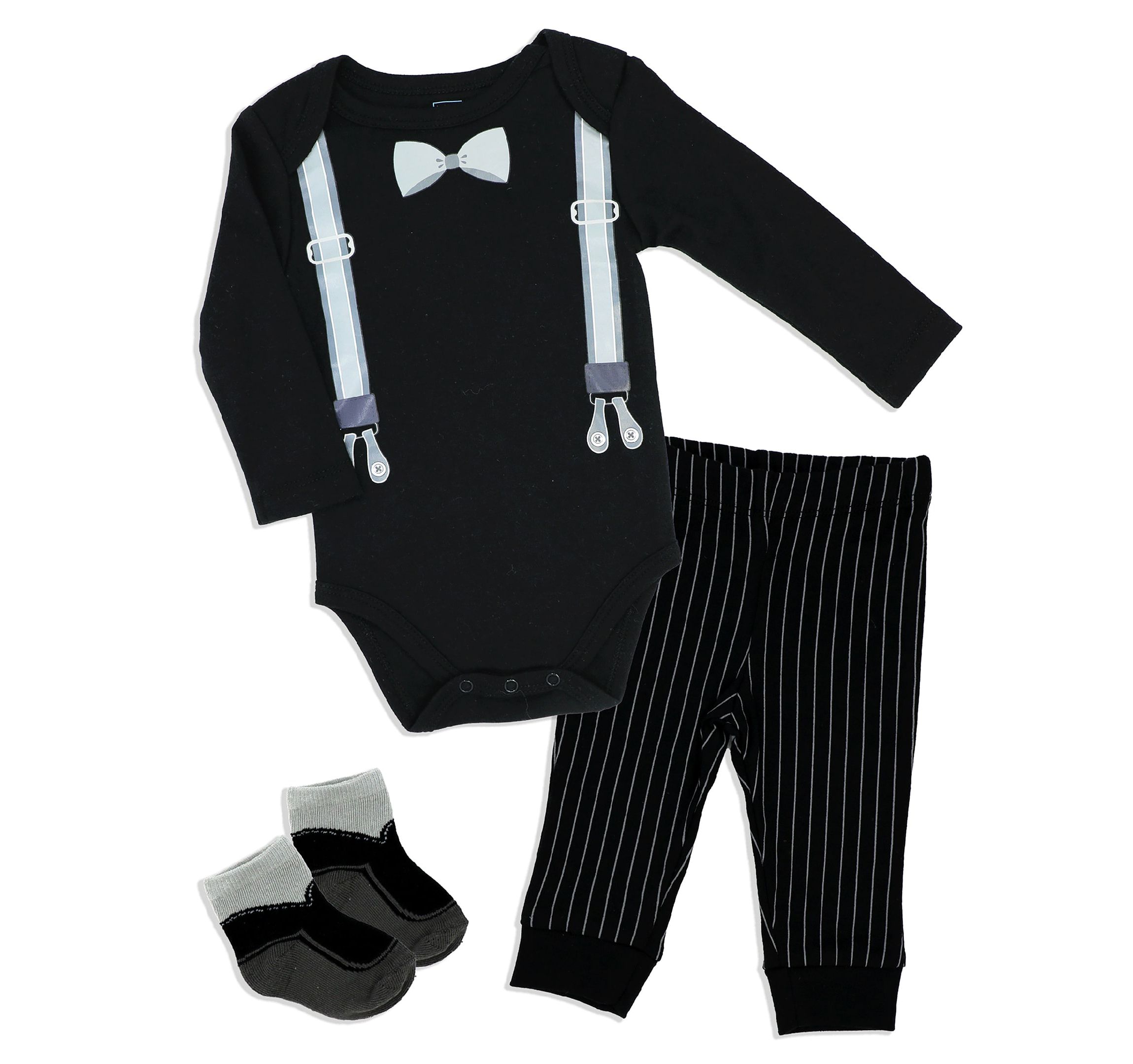 Baby Boys 3 Piece Suspender Bodysuit, Pants and Socks Set